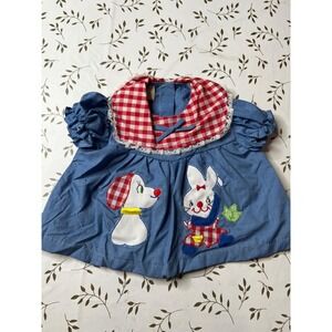 Vintage 80s 90s Judy Philippine Baby Top Blue Gingham Lace Dog Bunny 12M NEW